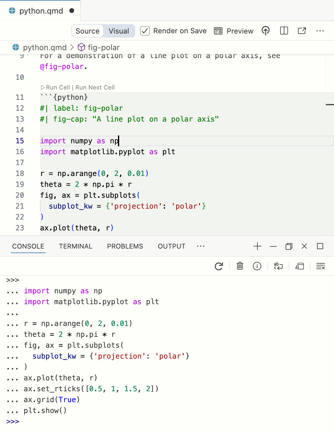 Positron with two panes open, source code on the right, and the interactive output of that code shown in a second pane on the left.