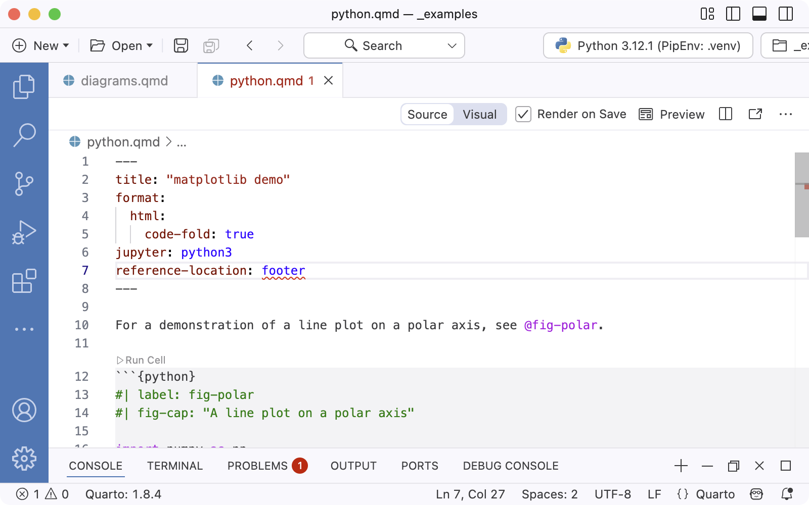 Quarto document YAML metadata with an incorrect option underlined in red.